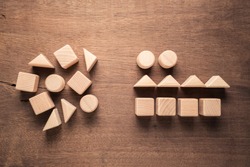 Confused geometry shape of wood blocks on the left rearrange in the same category on the right, category concept