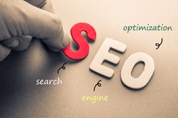 Hand arrange wood letters as SEO abbreviation (Search Engine Optimization)
