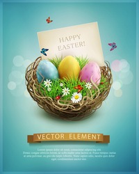 Vector vintage Easter eggs in a wicker nest, green grass and rectangular greeting card on a blue background