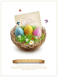 Vector Easter eggs in a wicker nest, green grass and rectangular greeting cards. Isolated on white background. Element for design
