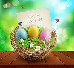 Vector easter background with basket and eggs, standing on a wooden table. Element for design