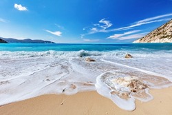 Summer beach in Greece. Myrtos beach in Kefalonia. Ionian sea at summer