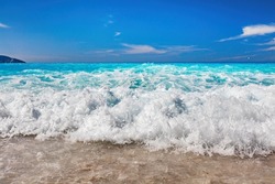 Waves crashing Ionian sea in Greece. Myrtos beach in Kefalonia