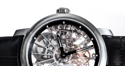 Elegant watch with visible mechanism, clockwork close-up. Luxury, men's vintage accessory. Time, fashion concept.