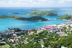 Aerial view of the island of St Thomas, USVI. Charlotte Amalie - cruise bay.