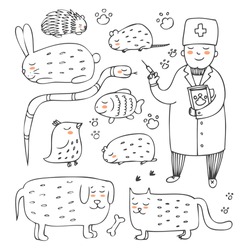 cute set with hand drawn animals and a vet