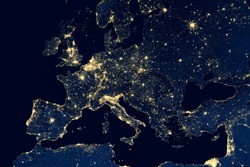 Europe map in global satellite picture, view of city lights on night Earth from space. EU, UK and Mediterranean, World part in orbit photo. Elements of this image furnished by NASA.
