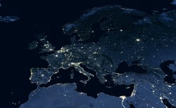 Europe map, view of city lights on night Earth in global satellite photo. EU, Russia, Mediterranean and Middle East in dark, part of World taken from space. Elements of this image furnished by NASA.
