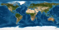 Earth flat view from space. Detailed World physical map on global satellite photo. Panoramic planet map with texture surface. Elements of this image furnished by NASA.