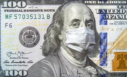 COVID-19 and money, 100 dollar bill with face mask. Coronavirus affects global stock market. World economy hits by corona virus outbreak and pandemic fears. Crisis, USA, recession and finance concept