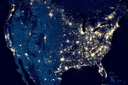 US map in on global satellite photo, view of city lights in United States from space. USA terrain on dark Earth, North America at night in world. Elements of this image furnished by NASA.