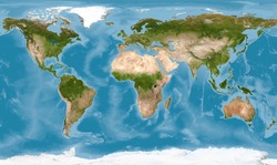 World map with texture in global satellite photo, Earth view from space. Detailed flat map of continents and oceans, panorama of planet surface. Elements of this image furnished by NASA.