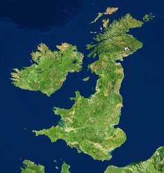 UK map in satellite photo, England terrain view from space. Physical map of Great Britain and Ireland islands. Detailed aerial photography of United Kingdom. Elements of image furnished by NASA.