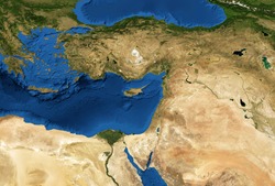 Middle East map in global satellite photo, flat view of part of world from space. Detailed physical map of Turkey, Syria, Israel, Lebanon, Egypt, Jordan. Elements of this image furnished by NASA.