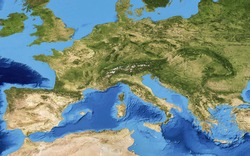 Europe map in global satellite photo, green terrain and blue seas. Physical detailed map of European Mediterranean, view from space. Europe topography. Elements of this image furnished by NASA.
