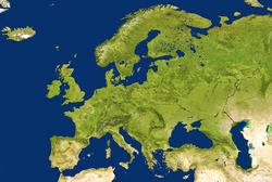 Europe map in global satellite photo, flat view of European part of world from space. Detailed physical map with texture terrain. Green land and blue seas. Elements of this image furnished by NASA.