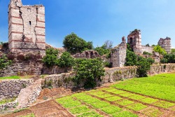 Walls of Constantinople in summer, Istanbul, Turkey. Famous ancient Walls of Constantinople are one of main landmarks in city. Constantinople was capital of Roman Byzantine Empire. Travel concept.