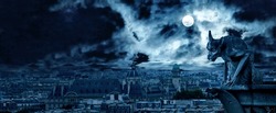 Dark Gothic Paris on Halloween, France. Fantasy spooky city and dramatic sky, haunted town with gargoyle and full moon, skyline at scary blue night. Midnight horror for background, wallpaper.