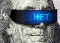 NFT token and money, Franklin on 100 dollar bill with cyber glasses for crypto art. NFT is nonfungible cryptocurrency. Concept of blockchain, marketplace, virtual cryptography, exchange and future. 