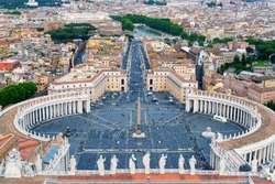 Rome, Italy. Aerial view of Piazza San Pietro (St Peter's square) in Vatican City. It is landmark of Italy. Nice panorama of Rome streets, sight to old Roma town from basilica. Travel in Rome theme.
