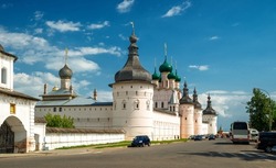 Rostov Kremlin in summer, Russia. Historical city of Rostov the Great or Rostov Veliky is tourist attraction as part of Golden Ring of Russia. Panorama of old Russian town. Travel and tourism concept