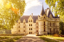 Chateau d'Azay-le-Rideau in Loire Valley, France. It is famous French Renaissance castle and historical landmark. Sunny scenic view of old fairytale mansion in summer. Scenery of French country palace