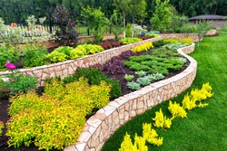Landscape design of nice home garden, natural landscaping with decorative stones in residential house backyard. Luxury flowerbed and beautiful plants in summer, green upscale landscaped back yard.