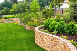 Landscape design in home garden,  landscaping with plants, trees and stones in residential house backyard. Beautiful landscaped back yard with retaining walls and green lawn in summer. Nature theme.