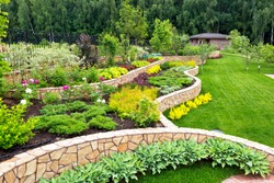 Landscape design with flower beds in home garden, beautiful landscaping in residential house backyard. Scenic view of nice landscaped garden, scenery of luxury back yard in summer. Nature theme.