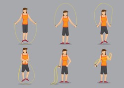 Set of six cartoon woman exercising with skipping rope. Vector character for health and fitness isolated on grey background.