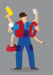 Cartoon character of a super handyman worker with multiple arms with different work tools isolated on grey background.