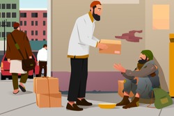 A vector illustration of Muslim Man Giving Donation to a Poor Homeless Man