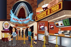 A vector illustration of people waiting to buy tickets in a movie theater