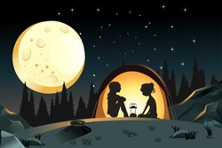 A vector illustration of two girls camping in the wilderness