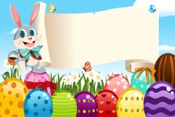A vector illustration of an Easter bunny holding a blank sign surrounded by Easter eggs
