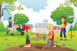 A vector illustration of kids gardening outside