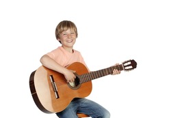 Smiling boy with a guitar isolated on white background