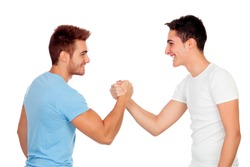 Couple of best friends shaking hands isolated on a white background