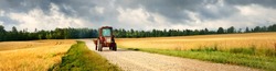 Tractor on the road through the agricultural field and forest under cumulus clouds after the rain, golden sunlight. Dramatic cloudscape. Idyllic rural landscape. Picturesque panoramic scenery