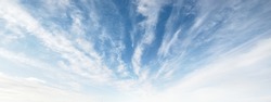 Ornamental clouds. Dramatic sky. Cloudscape. Soft sunlight. Panoramic image, texture, background, graphic resources, design, copy space. Meteorology, weather, climate, heaven, hope, peace concepts