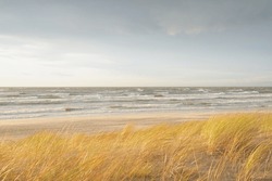 Baltic sea coast (sand dunes) after the storm at sunset. Clear sky, glowing clouds, wind. Autumn landscape. Nature, environmental conservation, ecology, ecotourism, local travel