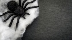 arachnophobia and halloween concept with a spider covered in spider web against a rocky dark grey background with copy space and a frame created by the edge of the spiderweb and the black background