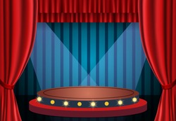 Red curtain on blue vintage background and podium. Design for presentation, concert, show. Vector illustration