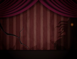 Aged old room with red striped grunge wallpaper and shadows of creepy creature for Halloween design