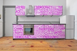 Empty apartment with modern kitchen decorated with wordcloud of human rights