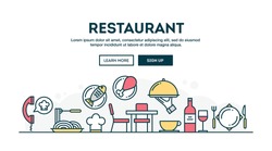 Restaurant, colorful concept header, flat design thin line style, vector illustration