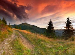 Dramatic summer landscape in the mountains. Sunrise