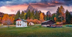 Splendid autumn dawn on Canali valley, Piereni location, Province of Trento, Italy, Europe. Captivating morning scene of Dolomite Alps. Beauty of countryside concept background.