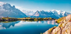 Colorful summer panorama of the Lac Blanc lake with Mont Blanc (Monte Bianco) on background, Chamonix location. Beautiful outdoor scene in Vallon de Berard Nature Reserve, Graian Alps, France, Europe.