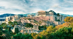 Amazing spring view of Parthenon, former temple, on the Athenian Acropolis, Greece, Europe. Colorful morning scene in Athens. Treveling concept background. Instagram filter toned.
